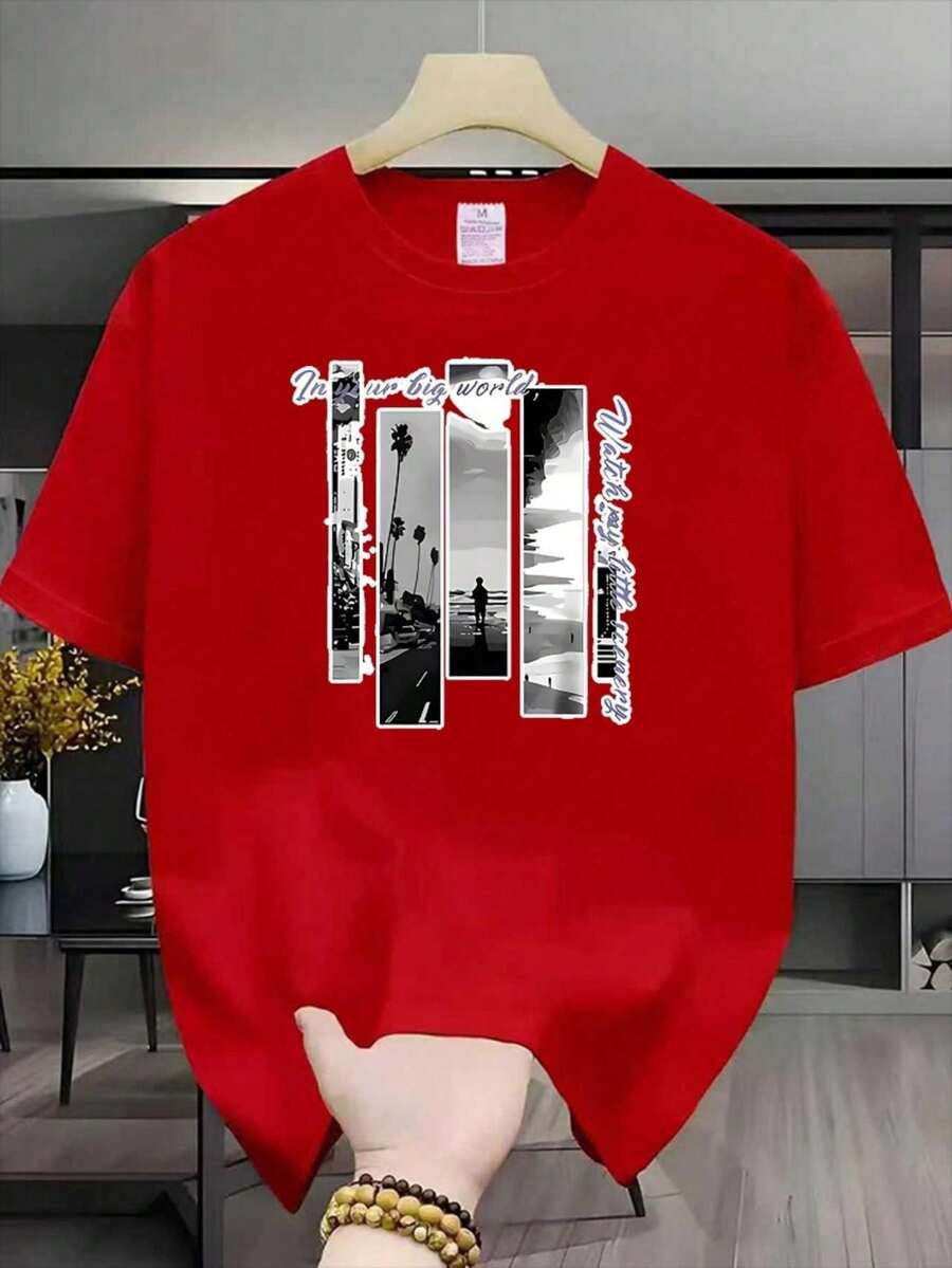 Printed T-Shirt: Vibrant Colors On The Chest, Instantly Light Up Your Vacation Mobile, Whether It's A Beach Party Or A Stroll Through The City, This Short Sleeve T-Shirt With - 黑色 - 查看 1