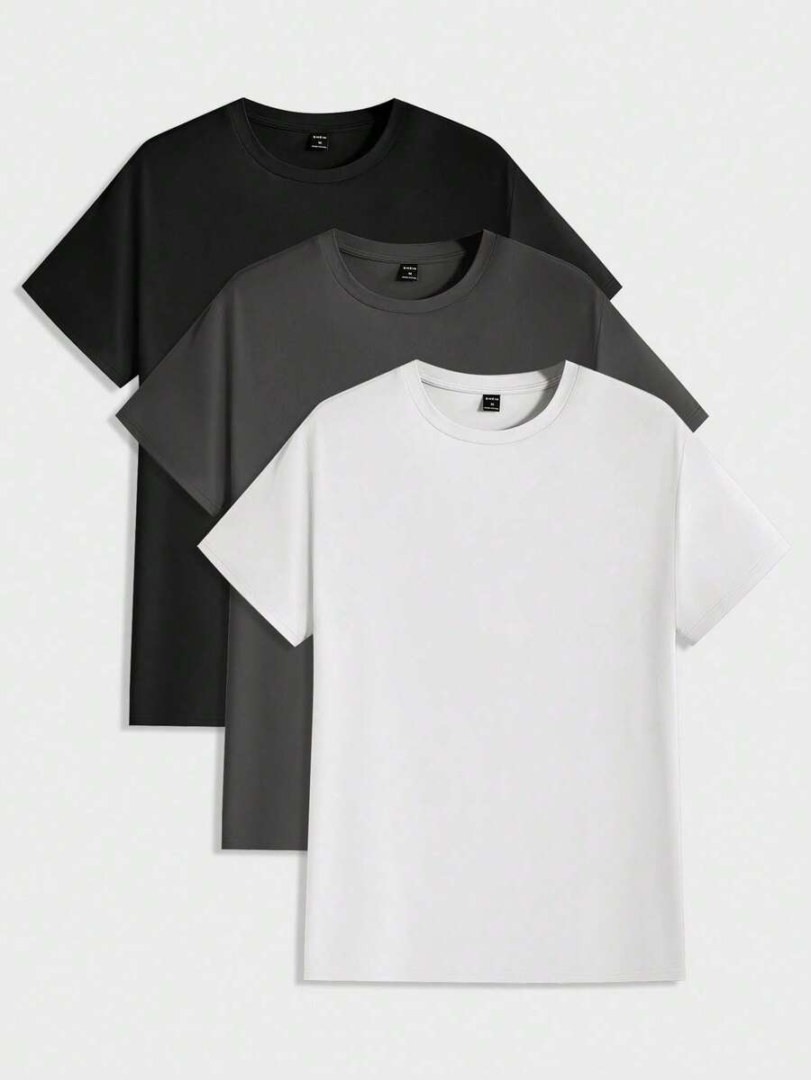 Manfinity VCAY 3-Pack Men's Solid Color Crew Neck Short Sleeve T-Shirts For Summer - Negro 2 - View 1
