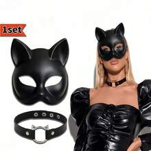 2pcs/Set Black Sexy Cat Mask Fashion Adjustable Punk Gothic Necklace Halloween Christmas Cosplay Props Christmas Carnival Party Animal Role Play Mask Masquerade Half Face Mask Accessory - Cat - View 1
