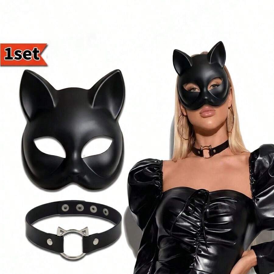2pcs/Set Black Sexy Cat Mask Fashion Adjustable Punk Gothic Necklace Halloween Christmas Cosplay Props Christmas Carnival Party Animal Role Play Mask Masquerade Half Face Mask Accessory - Cat - View 1