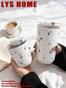 1 pieza Vaso aislado de acero inoxidable de doble pared con capacidad de 280ml-380ml, con diseño pintado a mano de tulipanes morados, botella de agua, apto para gimnasio, oficina, hogar, exterior, regalo para viajes, graduación, día de la madre - Rosa roja pintada a mano de 380 ml - Ver 2