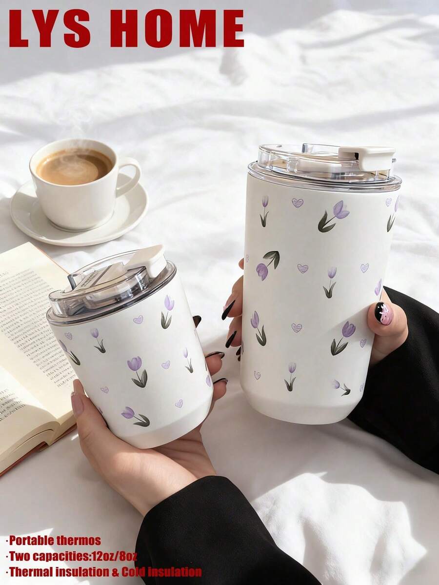 1 pieza Vaso aislado de acero inoxidable de doble pared con capacidad de 280ml-380ml, con diseño pintado a mano de tulipanes morados, botella de agua, apto para gimnasio, oficina, hogar, exterior, regalo para viajes, graduación, día de la madre