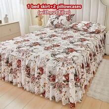 3-Piece Bed Skirt And Pillowcase Set With Soft And Breathable Floral Print (1 Bed Skirt + 2 Pillowcases), Moisture-Wicking, Wrinkle-Resistant, Suitable For All Seasons, With An Elegant Print, Suitable For Bedrooms And Hotels, Simple And Economical - 春日花園裡的花海 - 查看 1