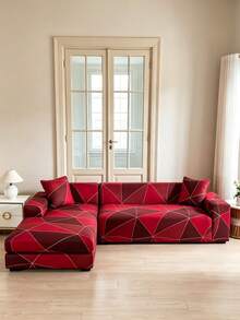 1pc Geometric Pattern Printed Sofa Cover, Dust-Proof & Stain-Resistant, Elastic One-Piece Full Coverage Sofa Protector, Living Room Home Decor, 1/2/3/4 Seater Sofa Decoration, All Season Use, Holiday Decor, Machine Washable, Pillowcase Not Included - Red - View 11