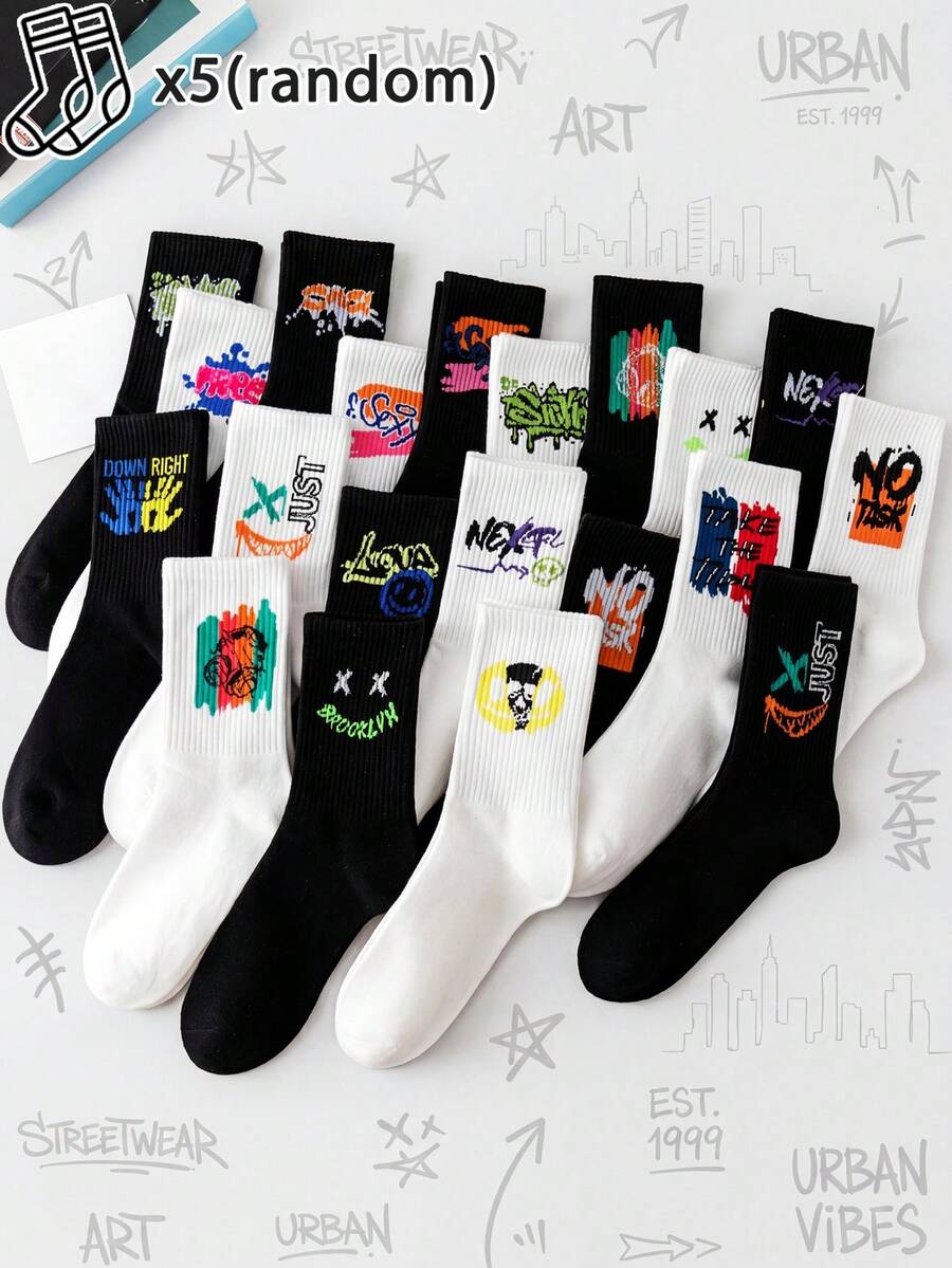 5 Pairs Random Assorted Unisex Black & White Graffiti Pattern Comfortable Skin-Friendly Durable Breathable Street Style Mid-Calf Socks For Home, Daily Wear And Outdoor Sports