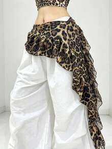 MESHUOKAI 1pc Niche Fashion Jazz Dance Ruffle Waist Scarf, Layered Leopard Print Belt School - Multicolor - View 6