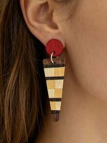 1 Pair Vintage Plaid Colorblock Red Round Disc Patchwork Gradient Triangle Wooden Double Layer Earrings - Multicolor - View 3