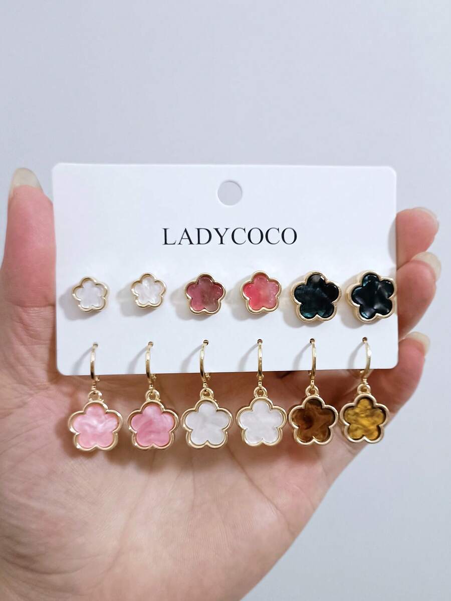 LADYCOCO 6對時尚優雅多色三葉草耳環，適合女性日常佩戴，耳環首飾套組