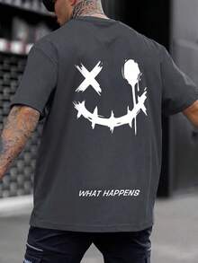 Camiseta gráfica con diseño de dibujos animados y letras para hombres, Emo - Gris Oscuro - Ver 1