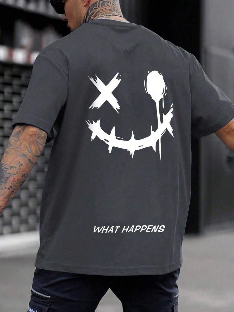 Camiseta gráfica con diseño de dibujos animados y letras para hombres, Emo - Gris Oscuro - Ver 1