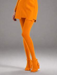 Women's Orange Opaque Stirrup Tights, High Waist Stretch Pantyhose For Costumes, Dance & Colorful Outfits - Multicolor - View 5