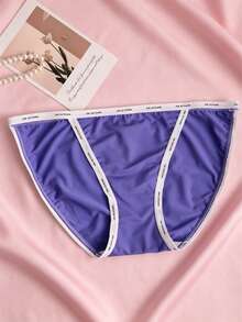 3pcs/Pack Women's Letter Print Contrast Trim Low Waist Bikini Panties, Solid Color Smooth Ice Silk Breathable Casual Underwear, Multi-Color Pack - Multicolor - View 4