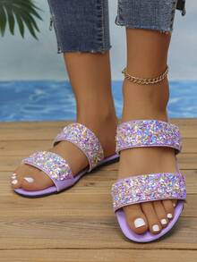 Women's Summer Two Strap Glitter Rhinestone Slide Sandals, Light Purple Sequin Flat Open Toe Slippers, Soft Sole Comfortable Slouchy Beach Vacation Party Casual Versatile Outdoor Sandals - Lilac Colored Shells - View 2
