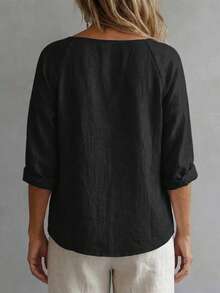 Plus Size Women's Solid Color Button Design Half-Open Front Shirt, Comfortable For Daily Wear Black - Black - View 2