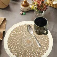 Geometric Pattern Placemats, Round Linen Jute Woven Coarse Fabric Placemats, Flower Pot Mats, Heat-Resistant Table Mats For Kitchen And Dining Room, Home Decor, Room Decoration, Suitable For Weddings, Parties, Birthday Parties, Family Gatherings, Restaurant Decor - Multicolor - View 2