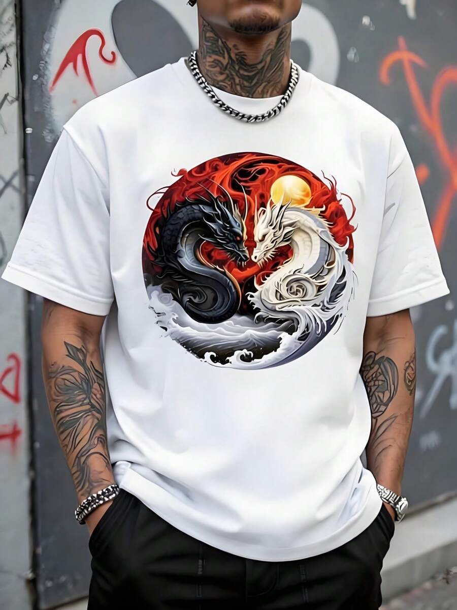 Men's Loose Fit T-Shirt, Realistic Illustration In Oriental Art Style In Yin Yang Circle, A Black Dragon With Red Flames And Golden Sun. - 白色 - 查看 1