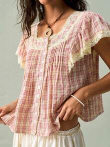Blusa con cuello cuadrado, abotonada, con parches de encaje floral y mangas con volantes - Rosa Pálido - Ver 4