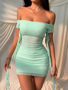 con hombros descubiertos, volantes y parches de mujer - verde menta - Ver 1