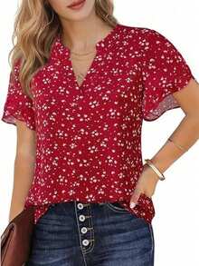 Women's Floral Chiffon Blouse, Ruffle Trim, Short Sleeve, Soft V-Neck - Elegant Office/Casual Top For Spring, Summer, Autumn Red Vacation - Red - View 2