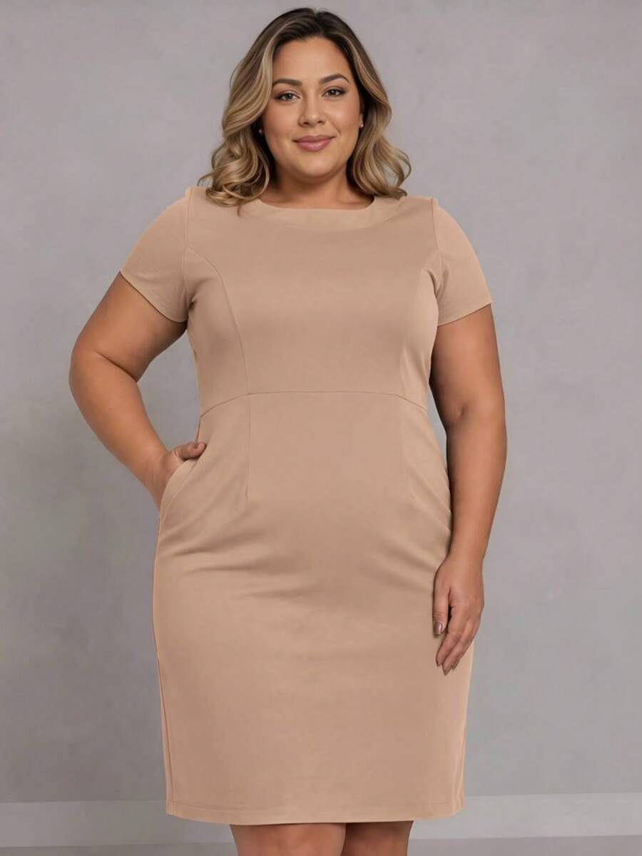 Women's Midi Dress With Pocket, Short Sleeves, Tailored Fabric, Plus Size, Casual, Secretary, Work Uniform - 杏色 - 查看 1