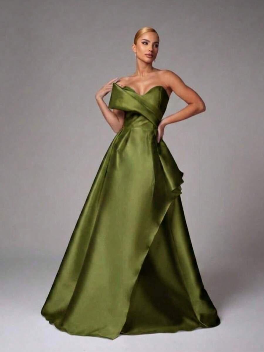 Elegant, Conservative Strapless Princess Dress For Weddings Or Graduation Parties. - Olive Green - View 1