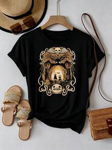 Boho Gothic, Women's T-Shirt, Nightmare Before Christmas Print, Autumn Winter, Gift For Her - 黑色 - 查看 1