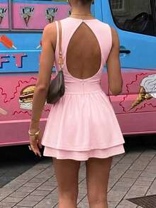 Vaiaye Women's Cream Yellow Round Neck Backless Minimalist Mini Dress - Fitted Sleeveless Dress, Summer Elegant Streetwear & Beach & Vacation Pink - Pink - View 10