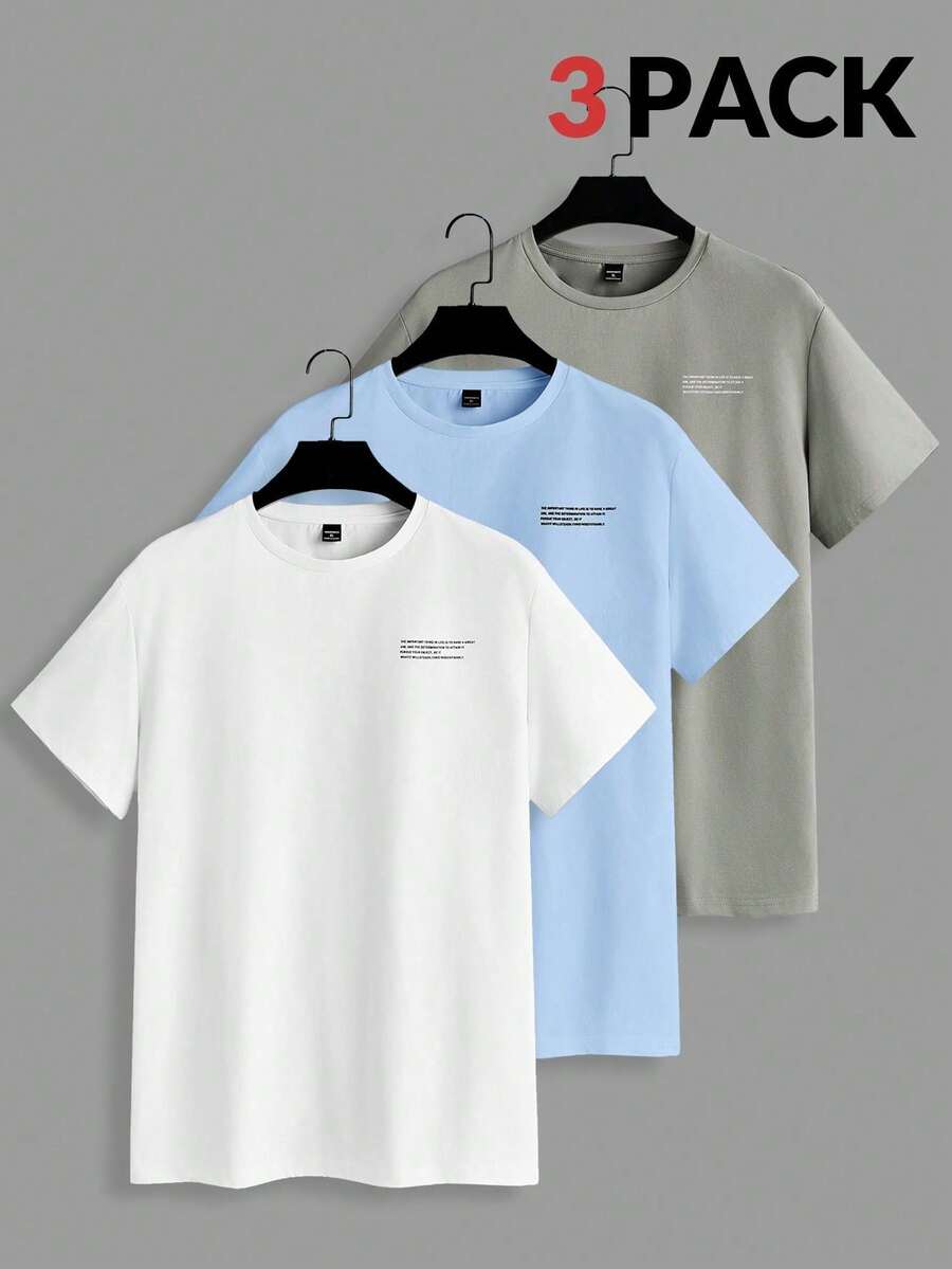 Manfinity VCAY Set Of 3 Short Sleeve T-Shirts With Round Neck And Basic Casual Front Print, Summer T-Shirt - Multicolor 2 - View 1