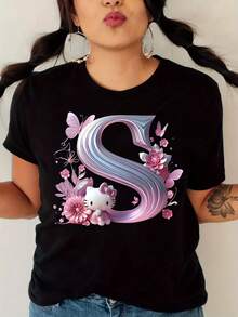 Playera Oversize con Diseño de Letra S Floral Kawaii Cuello Redondo Básica Streetwear Casual Estilo Japonés Urbano Chica Blusa Aesthetic - Negro - Ver 1