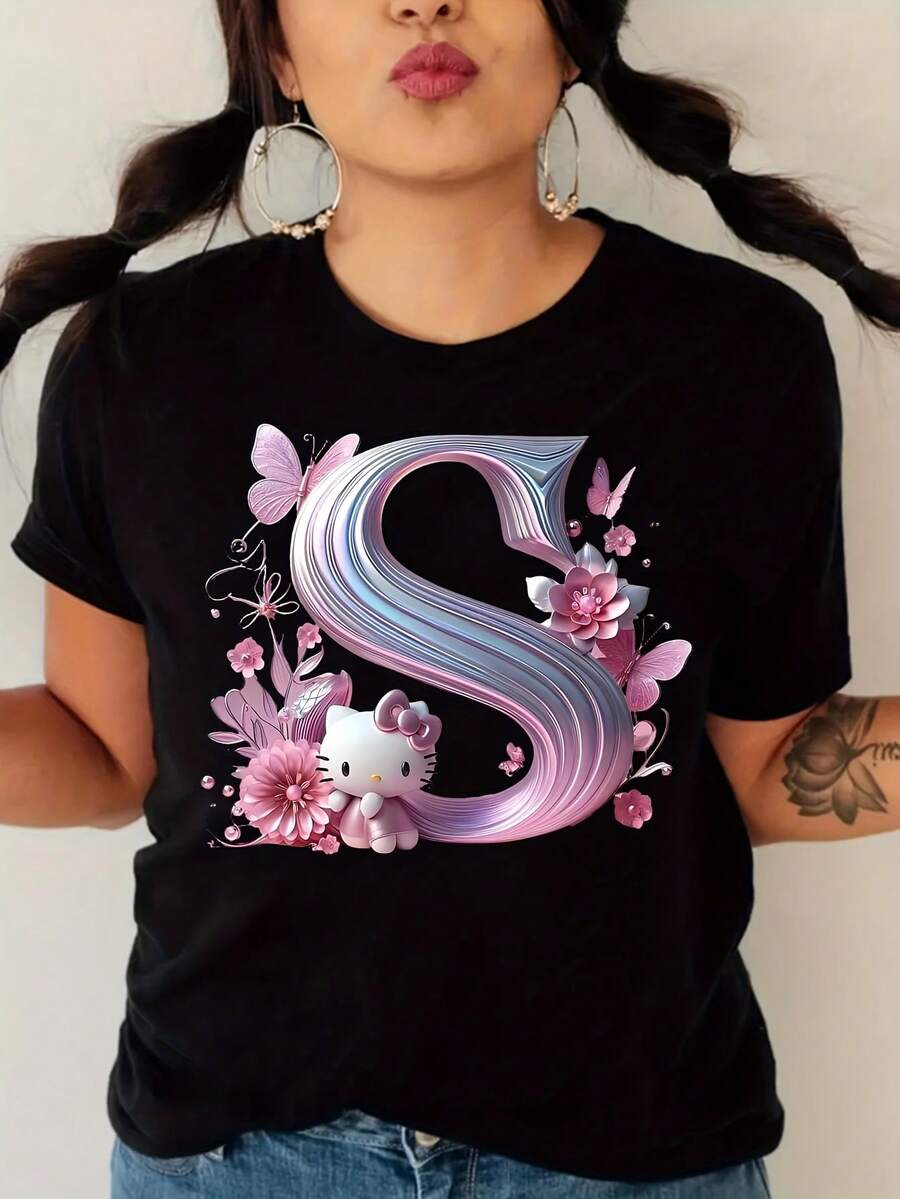Playera Oversize con Diseño de Letra S Floral Kawaii Cuello Redondo Básica Streetwear Casual Estilo Japonés Urbano Chica Blusa Aesthetic - Negro - Ver 1