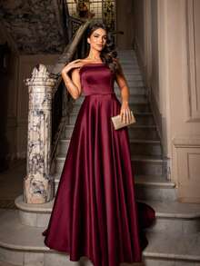 Strapless Party Dress With Crossover Back Closure. - Burgundy - View 1