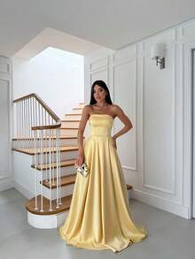 Strapless Party Dress With Crossover Back Closure. - Yellow - View 2