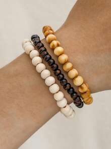 RINTOLER 1set/3pcs Boho Style Coconut Shell & Turquoise Beads Hollow Elastic Bracelet Set, Suitable For Daily Wear Or Vacation Matching - Multicolor - View 18