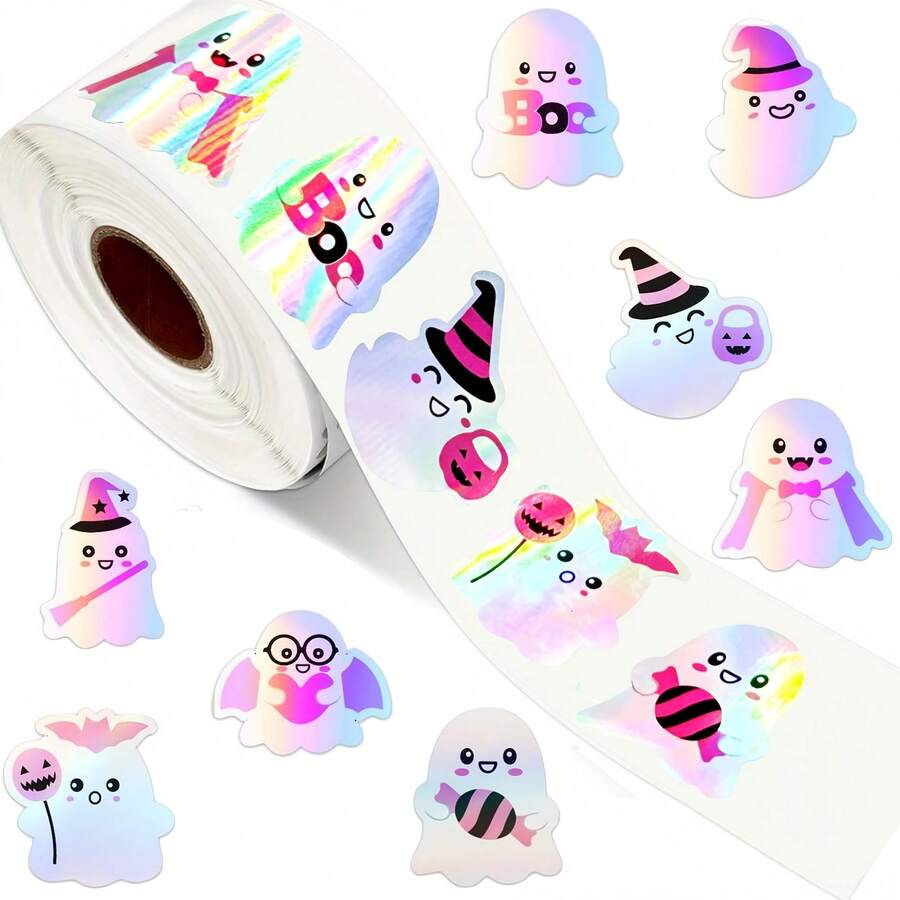kumozawa 500pcs Laser Halloween Stickers Roll, Cute Boo Holographic Self-Adhesive Decals For Envelopes, Planner Decoration, Party Supplies - View 1