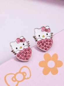 SANRIO 1 Pair Fashionable Hot-Selling Hello Kitty Rhinestone Inlaid Heart-Shaped Cute Earrings, Can Be Given As A Gift To Best Friends, Can Be Worn With Beautiful Clothes For Daily Wear - Pink - View 3