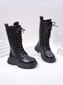 Girls' Black Lace-Up High-Top Boots, Side Zipper Thick Sole Anti-Slip Mid-Calf Boots For Autumn/Winter - Black - View 10
