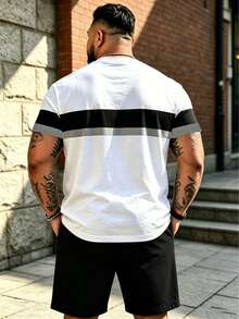 Camiseta de manga corta con rayas horizontales tricolor y patchwork estilo callejero para hombres de talla grande + shorts casuales a juego, color negro único de alta gama - Negro - Ver 3