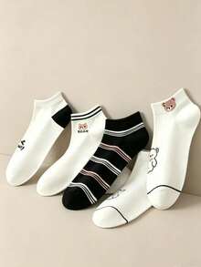 5 Pares de Meias Curtas com Estampa de Urso de Desenho Animado, Estilo Japonês Minimalista, Algodão, Casual, Esportivas, Cano Baixo, para Mulheres - Multicolorido - Visão 3