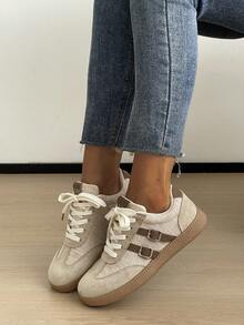 Women's Casual Sports Shoes Color Block Patchwork Preppy College PU Leather Buckle Strap Casual Fashion Spring Summer - Khaki - View 10