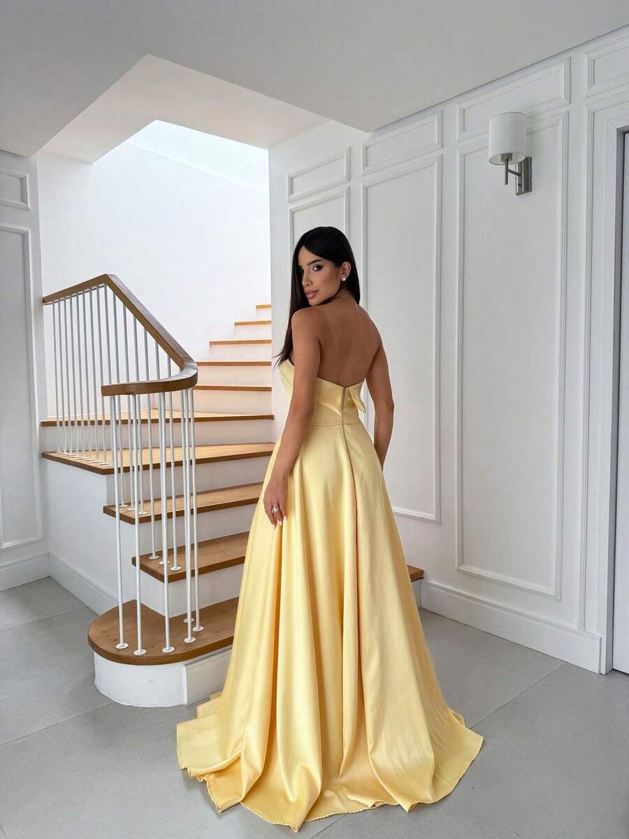 Strapless Party Dress With Crossover Back Closure. - Yellow - View 1