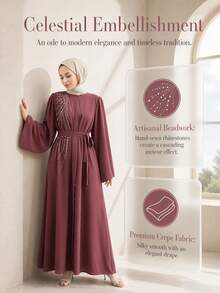 Wine Red Rhinestone Belt Muslim Long Sleeve Full Skirt Dress - Lotus Root Starch - View 4