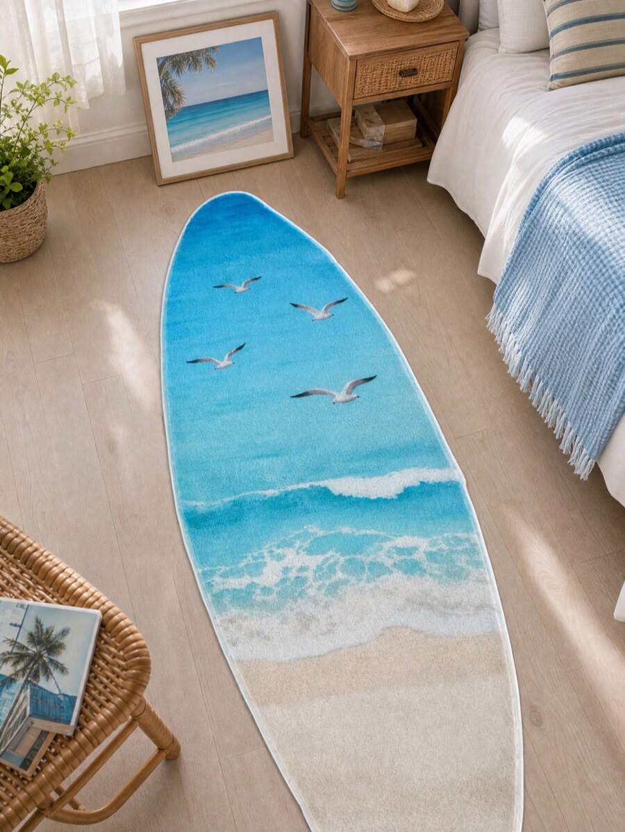 1 pieza Alfombra decorativa con forma de tabla de surf con gaviota y ola, decoración de dormitorio, alfombra pequeña, alfombra, decoración del hogar, alfombra de sala de estar, alfombra pequeña de sala de estar, alfombra de dormitorio, decoración del hogar de sala de estar, alfombra para exteriores, alfombra lavable - Multicolor G - Ver 1