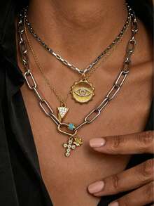 3pcs/1pc Women's Necklace, Includes 12 Styles Of Flower, Cross, Evil Eye And Cone Pendants, Elegant Luxury Women's Necklace Gift Jewelry - Gold - View 2