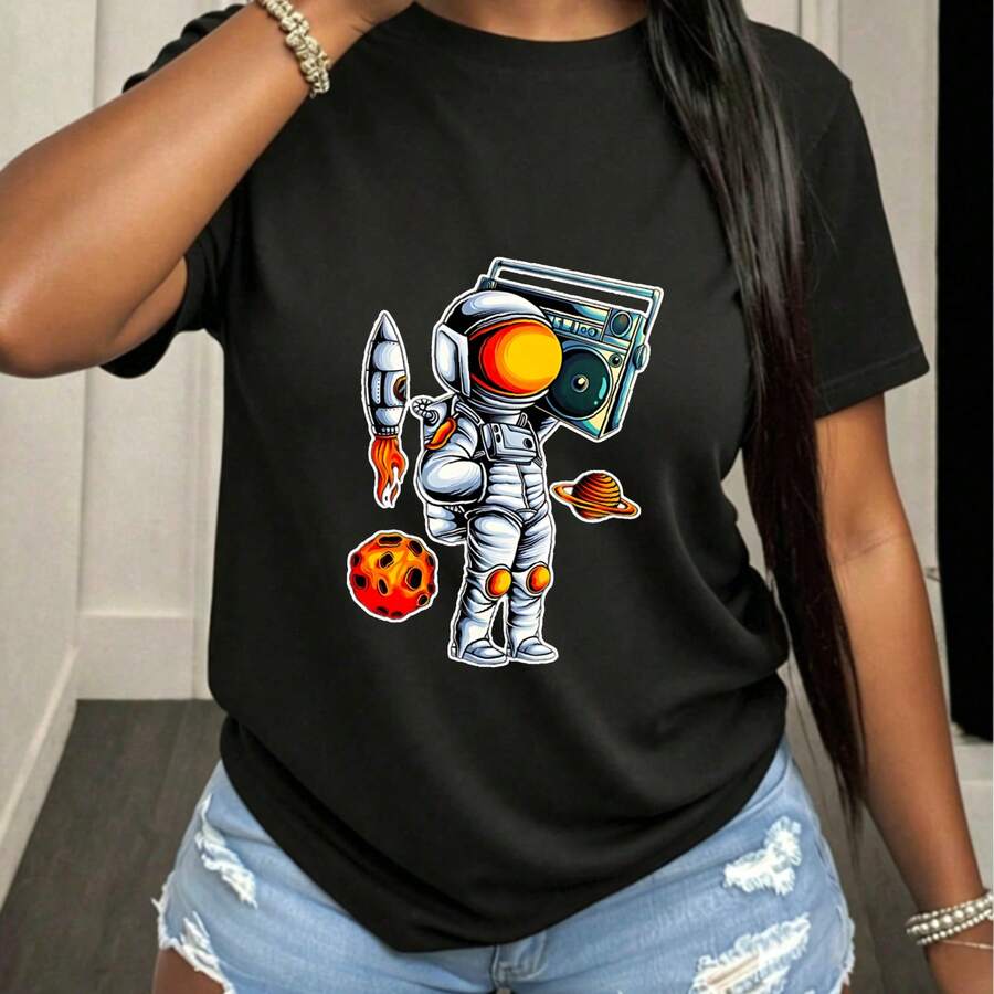 Mujer, Astronauta con Boombox y Cohete, Camiseta, Negro con Diseño Colorido, Cuello Redondo y Manga Corta, Estilo Casual Urbano, Verano/Moda Divertida - Negro - Ver 1