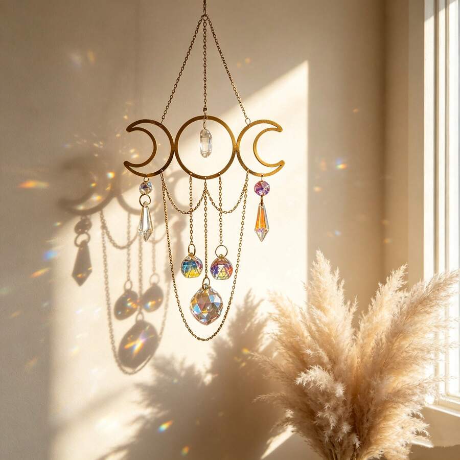 1pc Elegant Crystal Wind Chime With Dreamcatcher And Moon Crystal Beads, Wedding/Window/Car Decoration, Wedding Arch, Balcony Or Mobile Decor - Wedding & Home, Car Accessories - Durable Hanging Ornament - Wedding & Home Hanging Decor - A - View 1