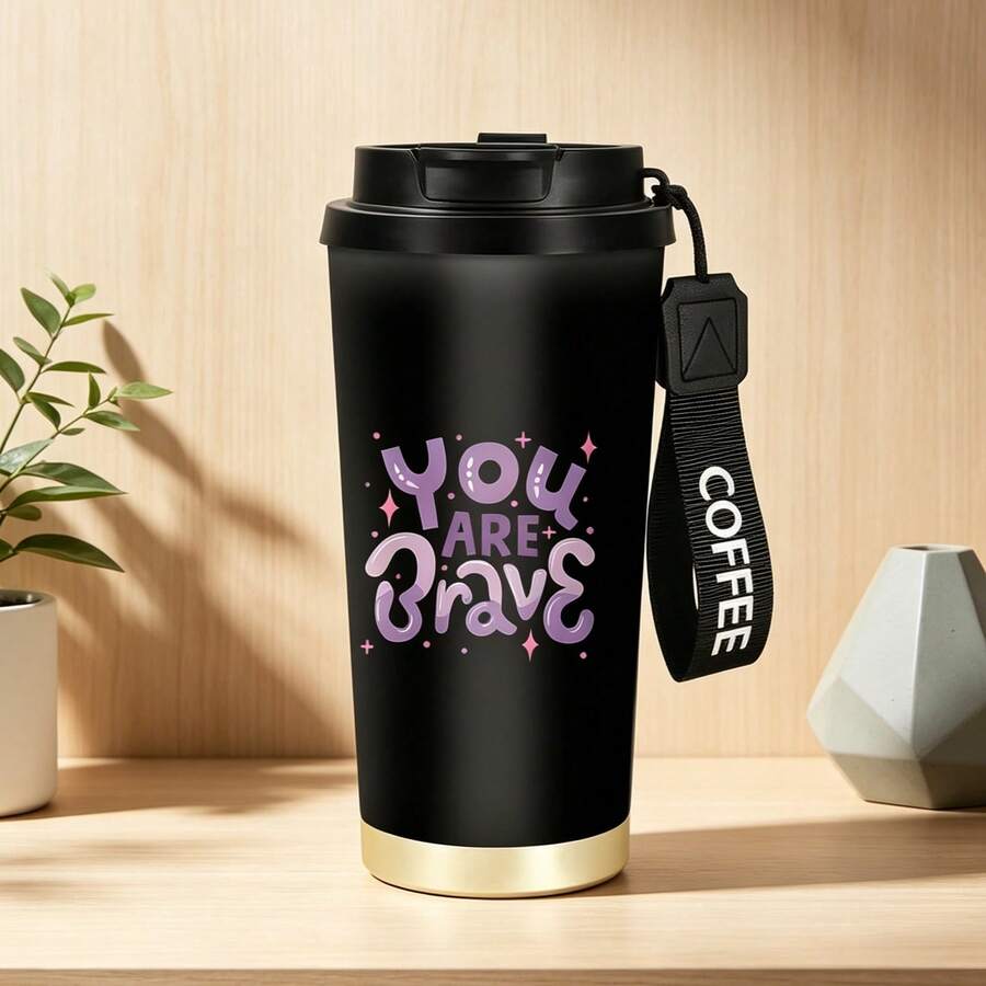 1/5pcs 18oz Stainless Steel Coffee Tumbler, You Are Brave Purple Glitter Letter Print Travel Mug, Multi-Function Straw Flip Lid, Black COFFEE Lanyard, Encouragement Gift For Women, Office Outdoor Daily - Brave - View 1