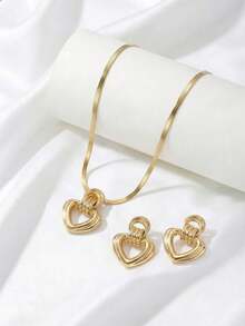 3pcs Flat Snake Bone Chain Blade Chain Hollow Heart Pattern Metal Pendant Necklace + Earrings Set, Fashionable Elegant Women's Jewelry, Suitable For Daily Versatile Jewelry Set - Yellow Gold - View 4