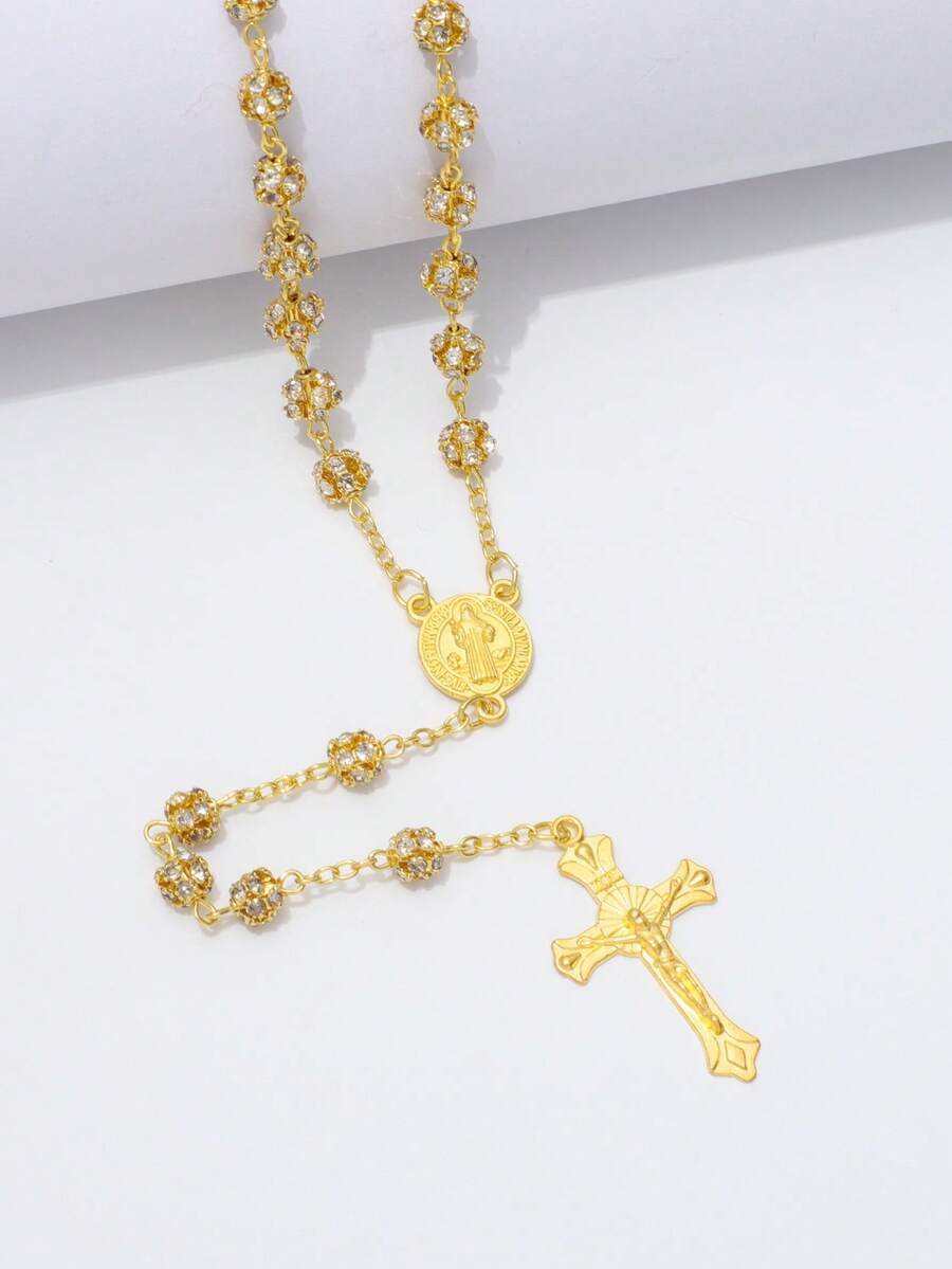 1pc Gold-Colored Beaded Rhinestone Cross Necklace, Versatile Hot-Selling High-End Women's Necklace, Gift For Family And Friends - Yellow Gold - View 1