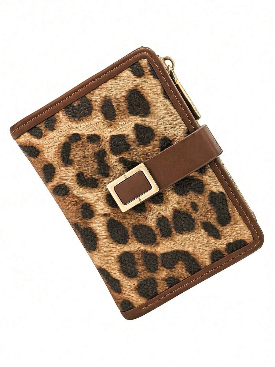 Classic Fashion Leopard Print Patchwork Short Wallet, Handheld PU Brown Exquisite Clasp Card Holder Document Organizer, Compact And Lightweight