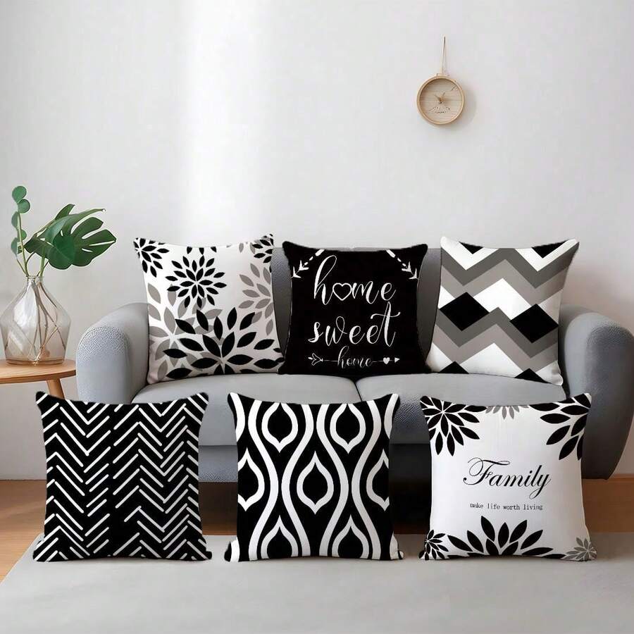 6 piezas Fundas de cojín minimalistas en blanco y negro con diseño geométrico Home Sweet, impresas por un lado en tela de terciopelo suave, tamaños 45*45/50*50/40*40CM para decoración del hogar, decoración de fiestas, regalo de cojín decorativo